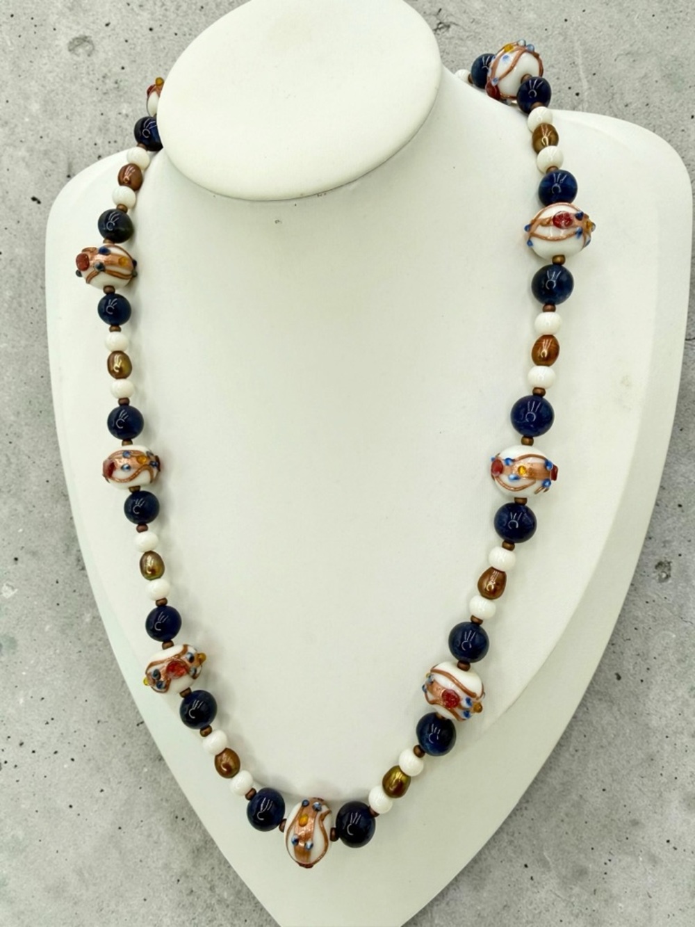 Artisan Venetian Wedding Cake Bead Sapphire & Genuine Pearl Beads Necklace 20”